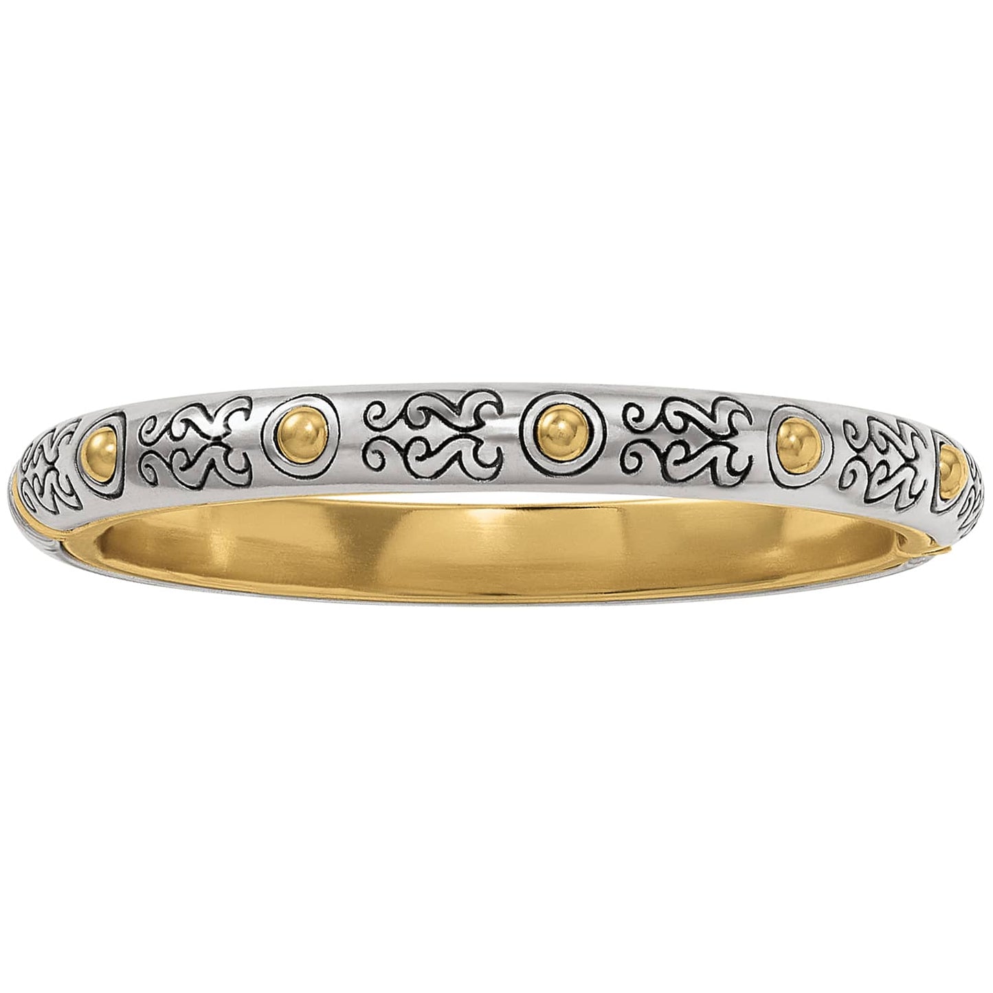 Brighton bangle bracelet with silver-plated scroll engravings, gold-plated bead accents, and gold-plated interior on a white background
