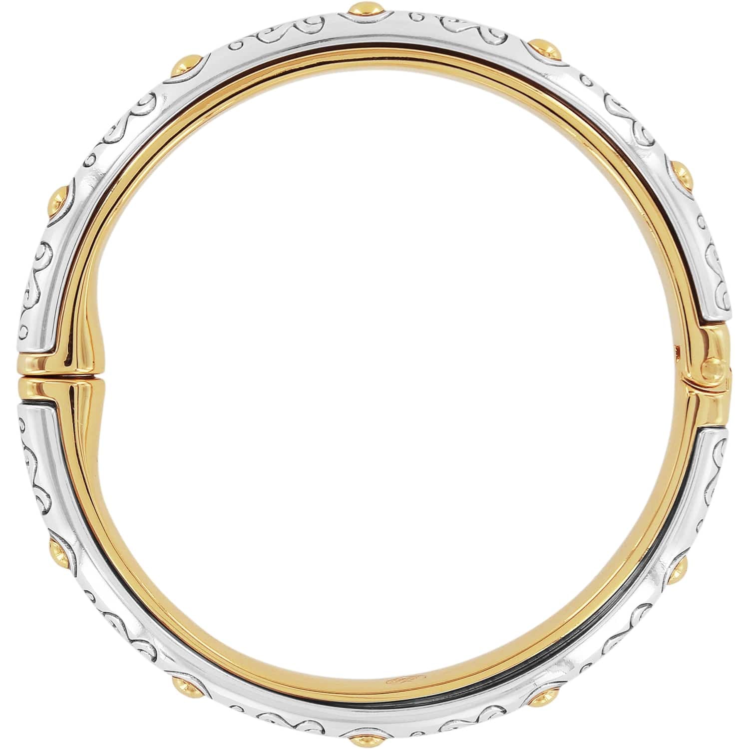 Brighton hinged bangle bracelet shown from the side with silver-plated scroll design and gold-plated studs on a white background