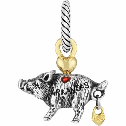 Brighton Arkansas pig charm in two-tone finish with red crystal accent and gold heart detail on a white background