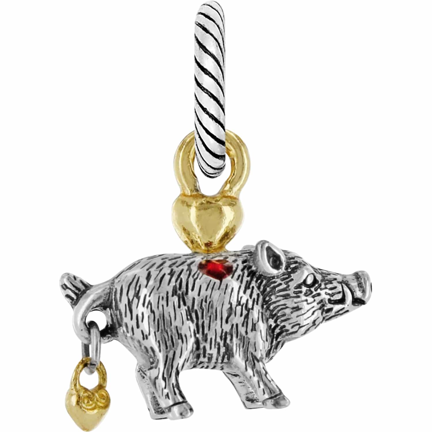 Brighton pig charm in two-tone finish with red crystal accent and small gold heart dangle on a white background
