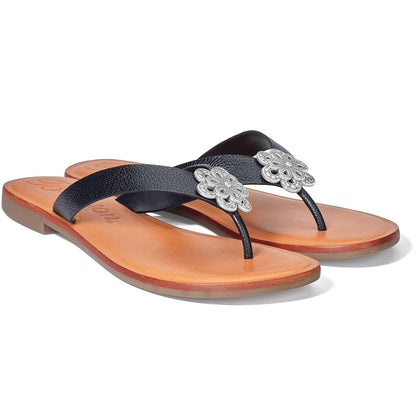 Brighton thong sandals with black textured straps, silver-tone floral medallions, and tan leather footbeds on a white background
