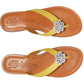 Brighton yellow leather flip-flop sandals with silver-tone floral medallion accent and tan footbeds on a white background