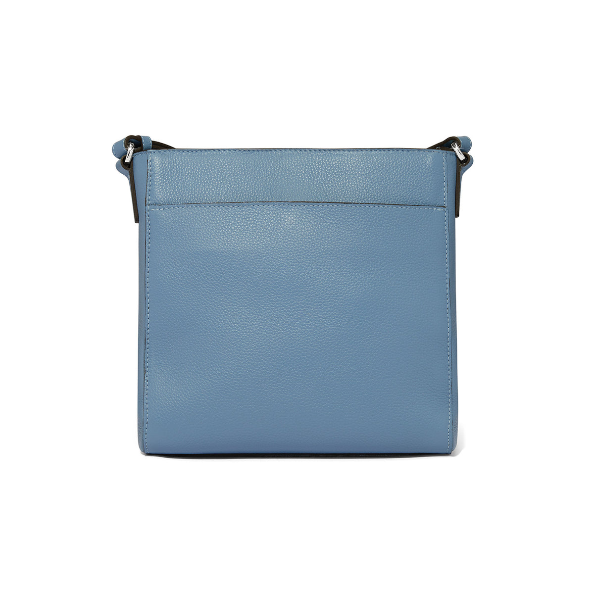 Brighton crossbody handbag shown from the back in blue pebbled leather with slip pocket on a white background