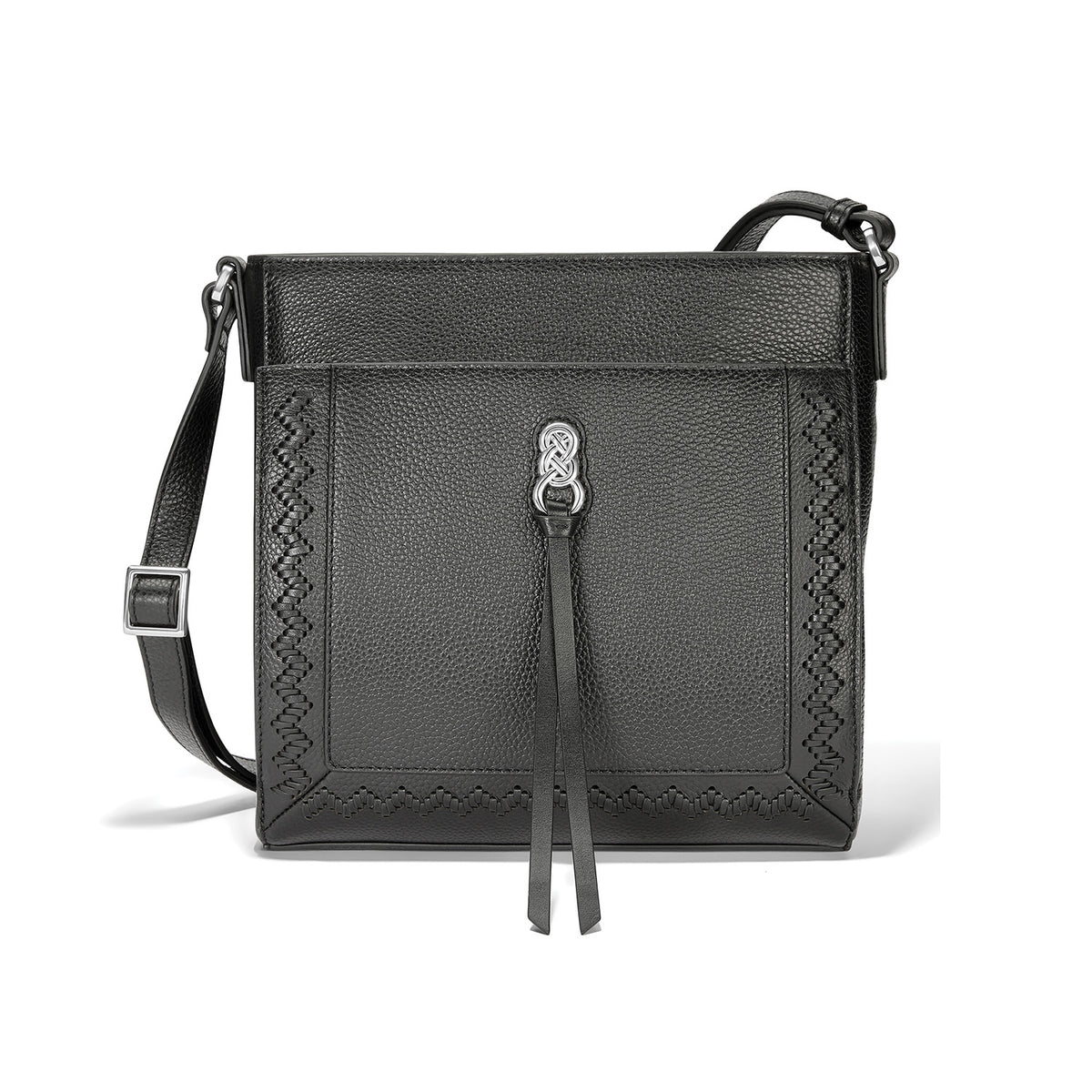 Brighton crossbody handbag in black pebbled leather with woven trim, silver-tone knot accent, and adjustable strap on a white background