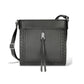 Brighton crossbody handbag in black pebbled leather with woven trim, silver-tone knot accent, and adjustable strap on a white background