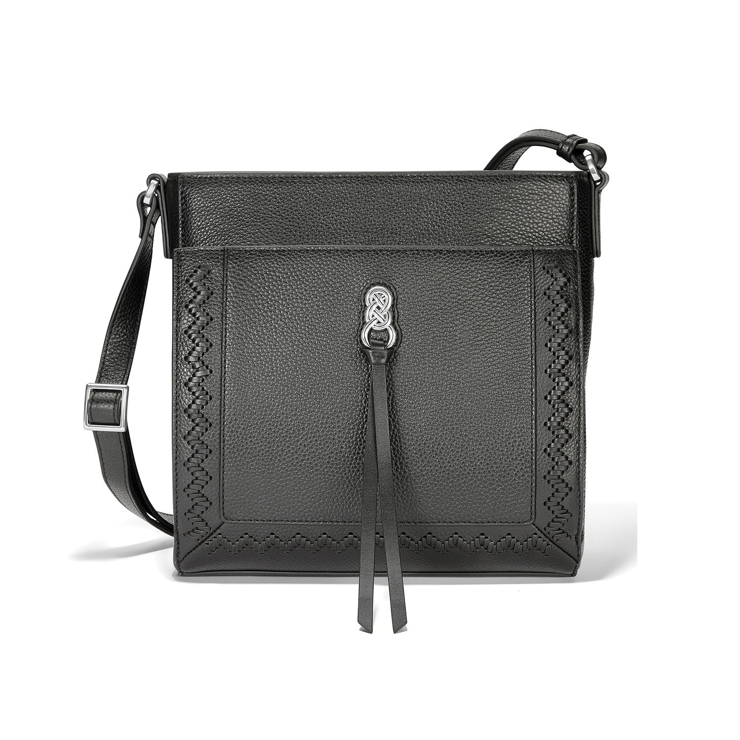 Brighton crossbody handbag in black pebbled leather with woven trim, silver-tone knot accent, and adjustable strap on a white background