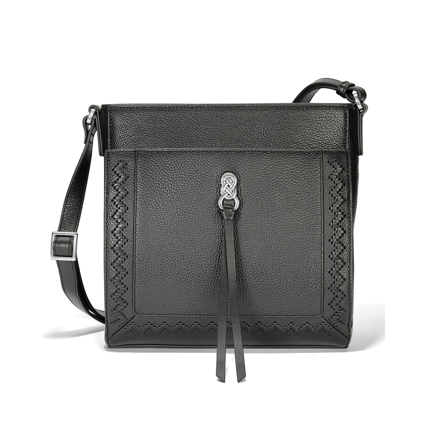 Brighton crossbody handbag in black pebbled leather with woven trim, silver-tone knot accent, and adjustable strap on a white background