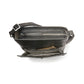 Brighton black leather handbag shown open with interior zip pocket, card slots, and adjustable strap on a white background