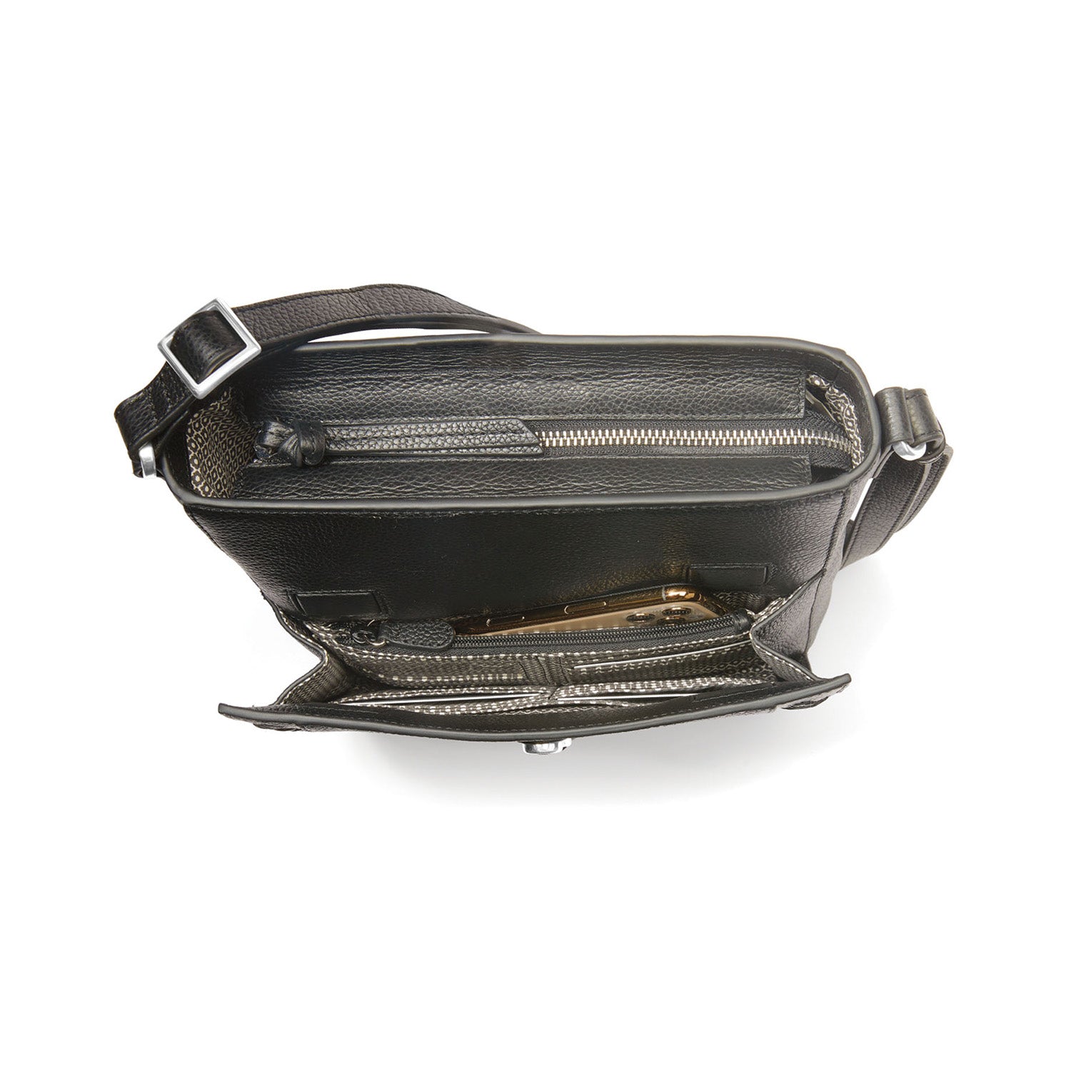 Brighton black leather handbag shown open with interior zip pocket, card slots, and adjustable strap on a white background