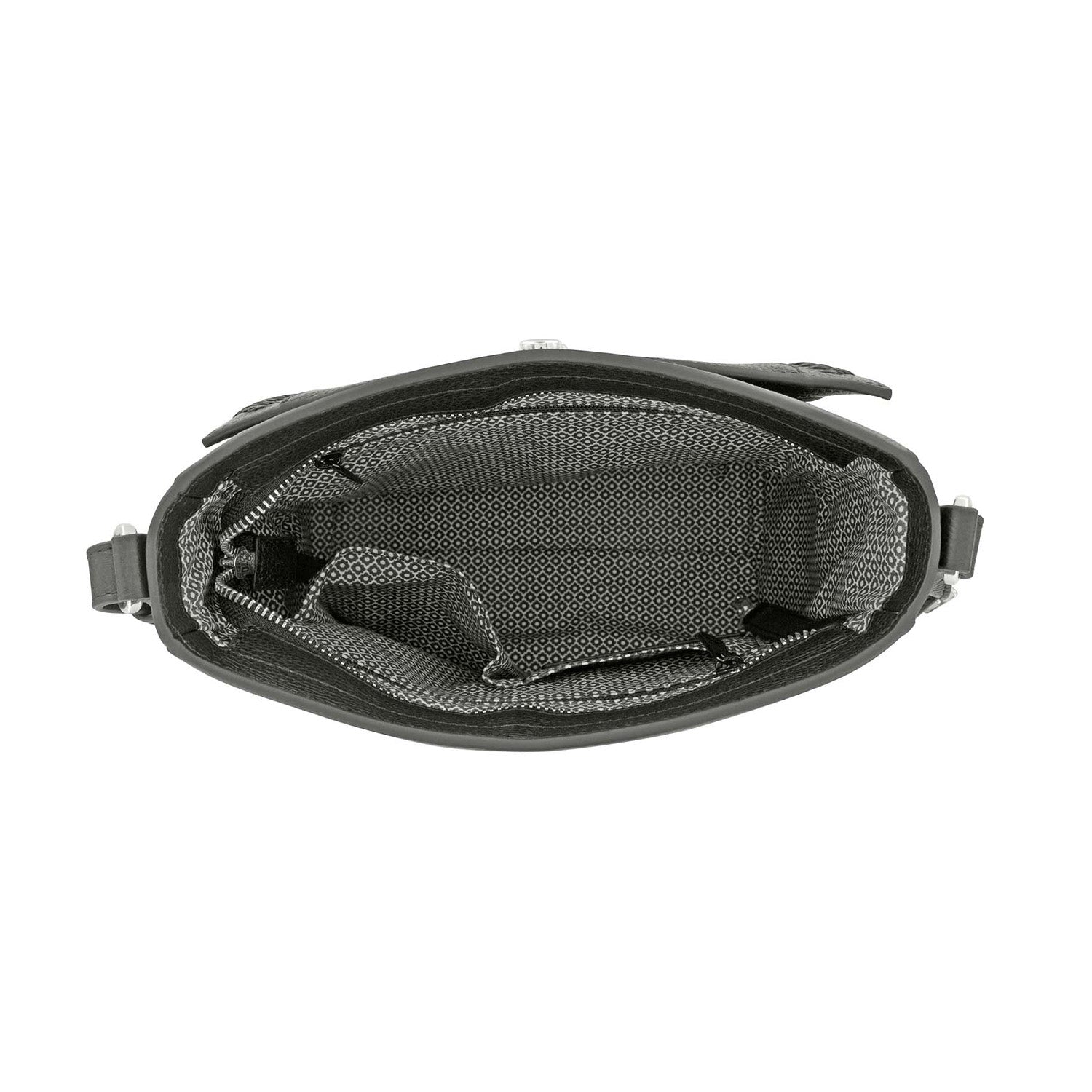 Brighton black handbag interior view showing patterned diamond-print lining, zippered pocket, and adjustable strap on a white background