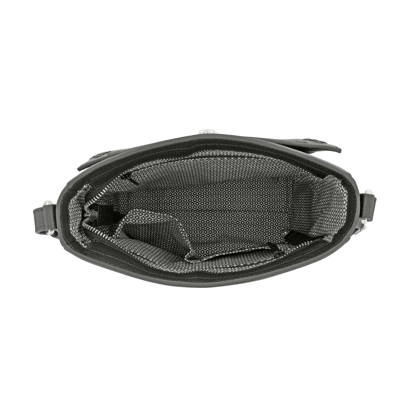 Brighton black handbag interior view showing patterned diamond-print lining, zippered pocket, and adjustable strap on a white background