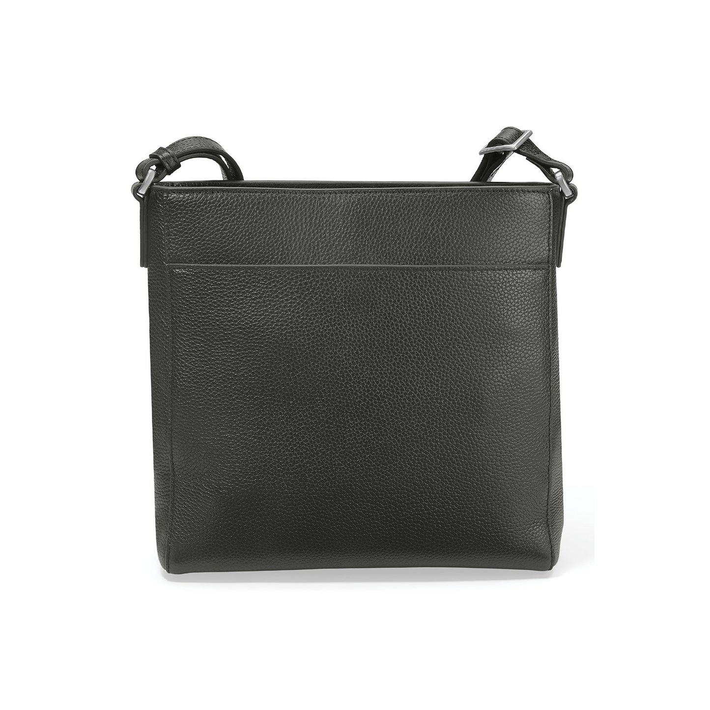 Brighton crossbody handbag in black pebbled leather with adjustable shoulder strap and silver-tone buckles on a white background