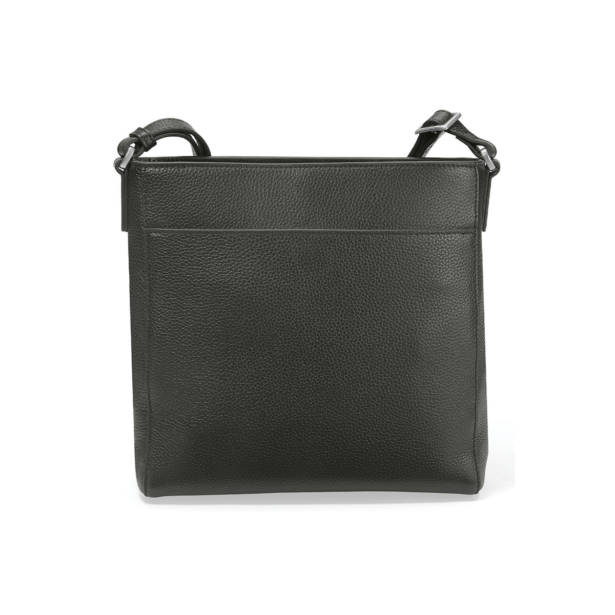 Brighton crossbody handbag in black pebbled leather with adjustable shoulder strap and silver-tone buckles on a white background