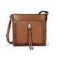 Brighton crossbody handbag in brown leather with woven stitch trim, knot accent, and adjustable strap on a white background