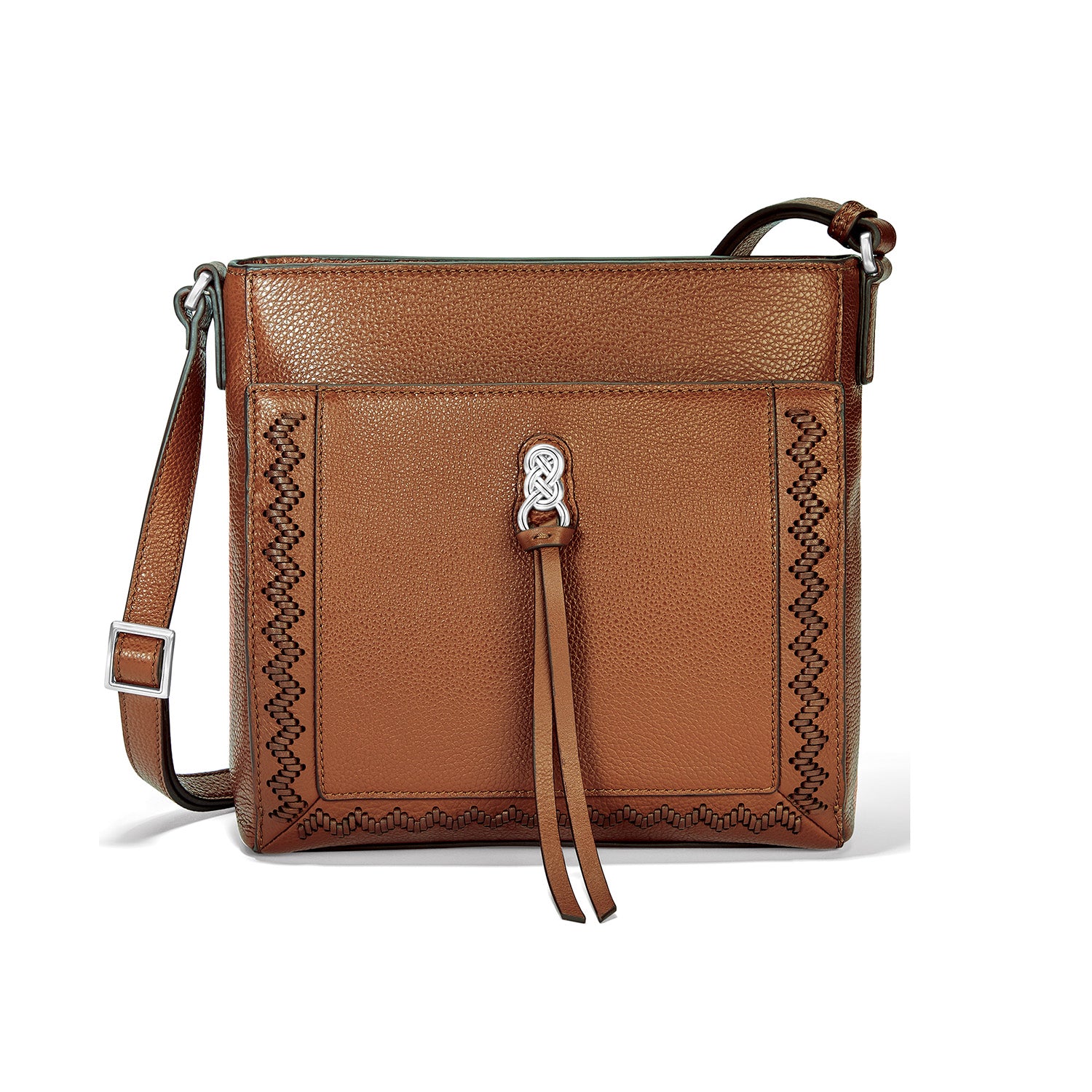 Brighton crossbody handbag in brown leather with woven stitch trim, knot accent, and adjustable strap on a white background