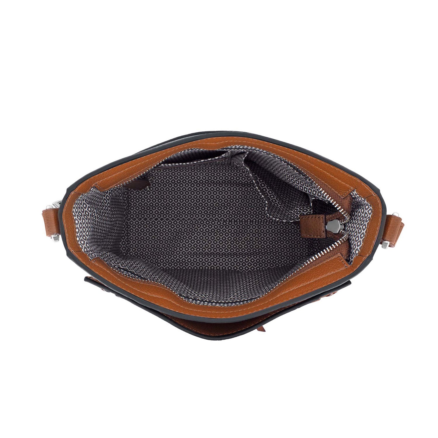 Close-up of Brighton handbag interior view showing brown leather trim, patterned fabric lining, and zippered pocket