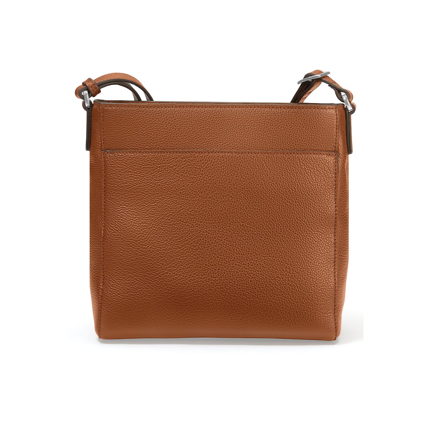Brighton handbag shown from the back in tan pebbled leather with slim adjustable strap on a white background