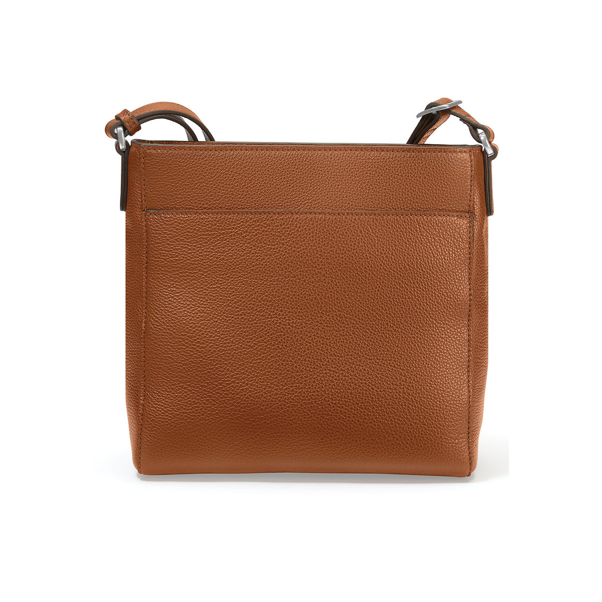 Brighton handbag shown from the back in tan pebbled leather with slim adjustable strap on a white background