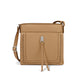 Brighton crossbody handbag in tan leather with whipstitch trim, silver-tone knot accent, and leather tassel on a white background