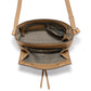 Brighton tan leather crossbody handbag shown open with patterned interior lining and adjustable strap on a white background