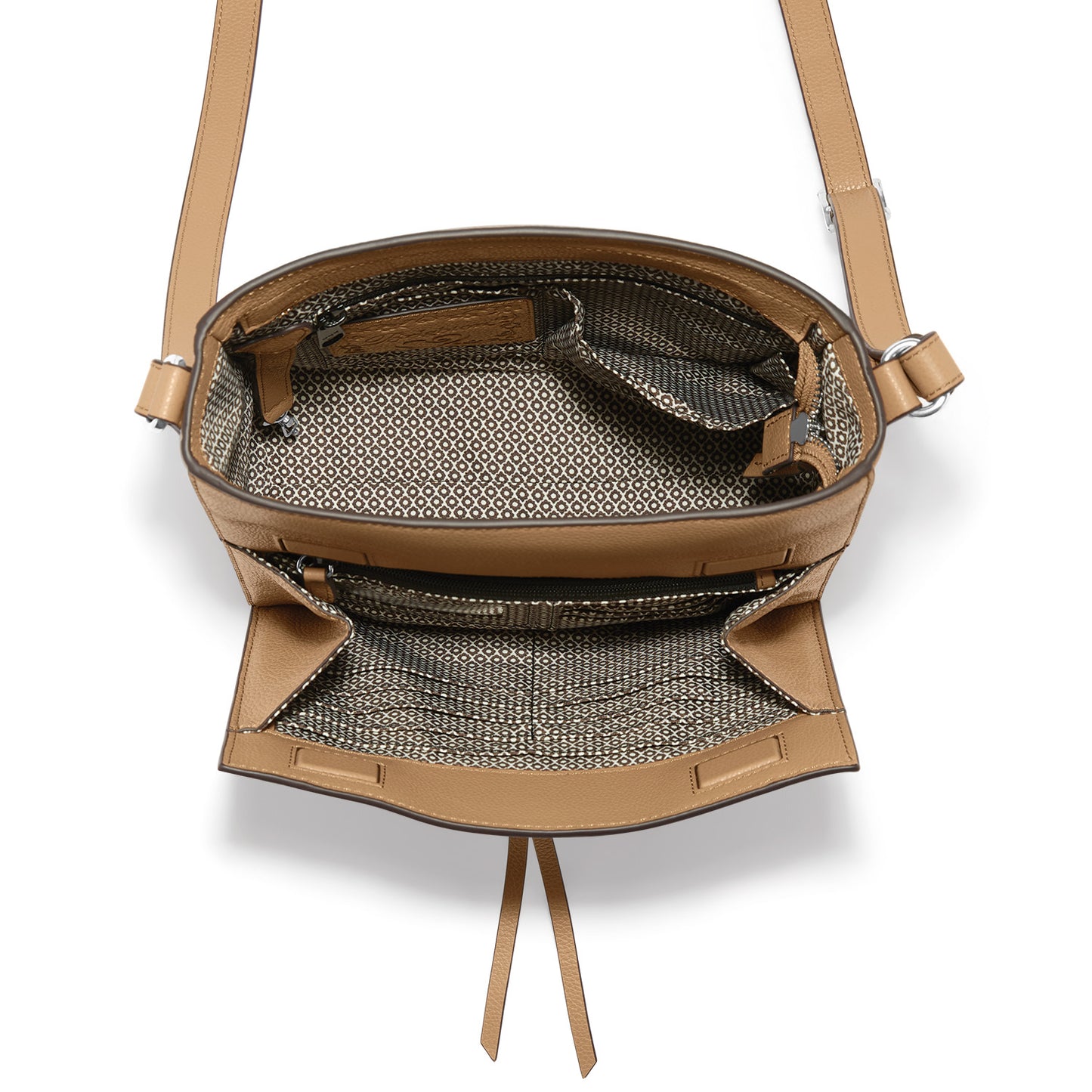 Brighton tan leather crossbody handbag shown open with patterned interior lining and adjustable strap on a white background