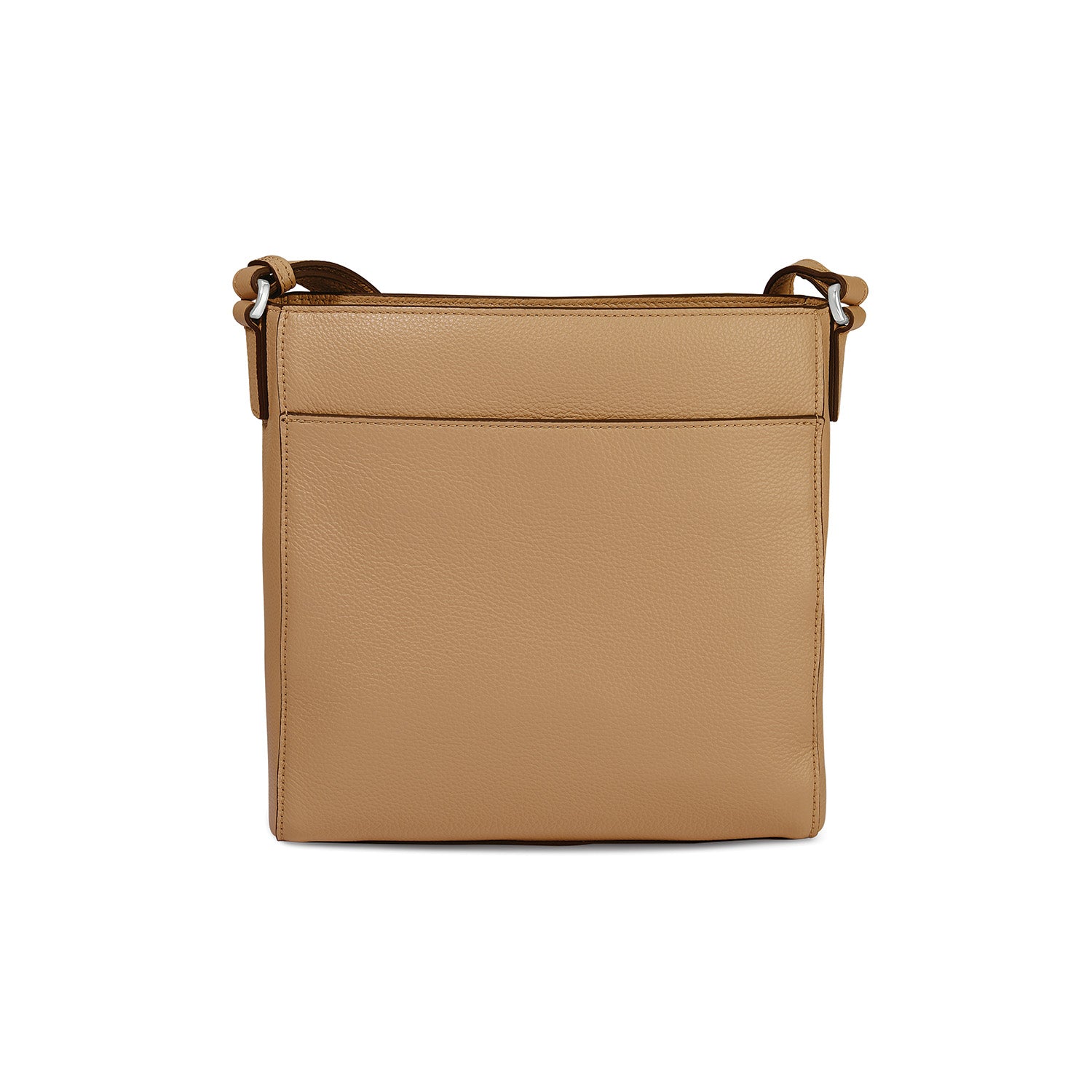 Brighton crossbody handbag shown from the back in tan pebbled leather with adjustable strap on a white background