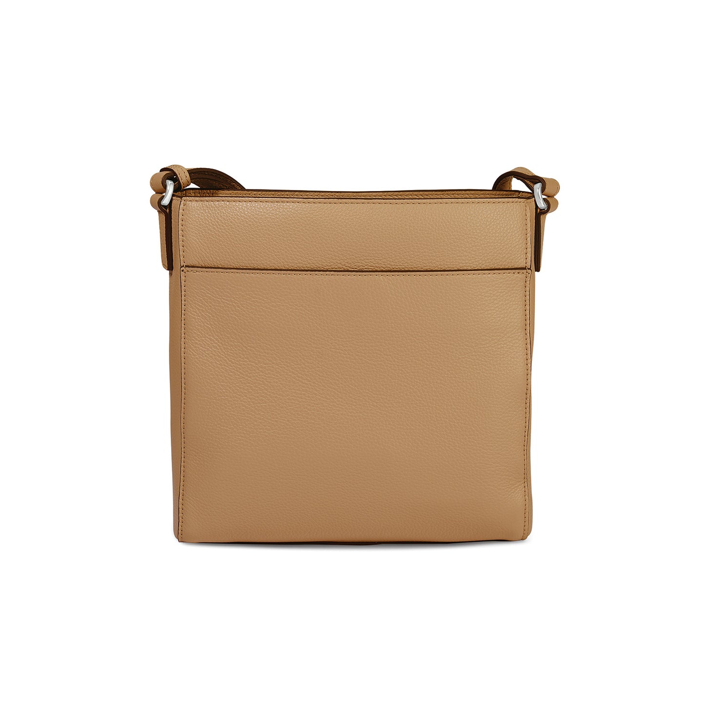 Brighton crossbody handbag shown from the back in tan pebbled leather with adjustable strap on a white background