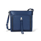 Brighton blue leather crossbody handbag with black zigzag stitching, silver-tone knot accent, and leather tassel on a white background