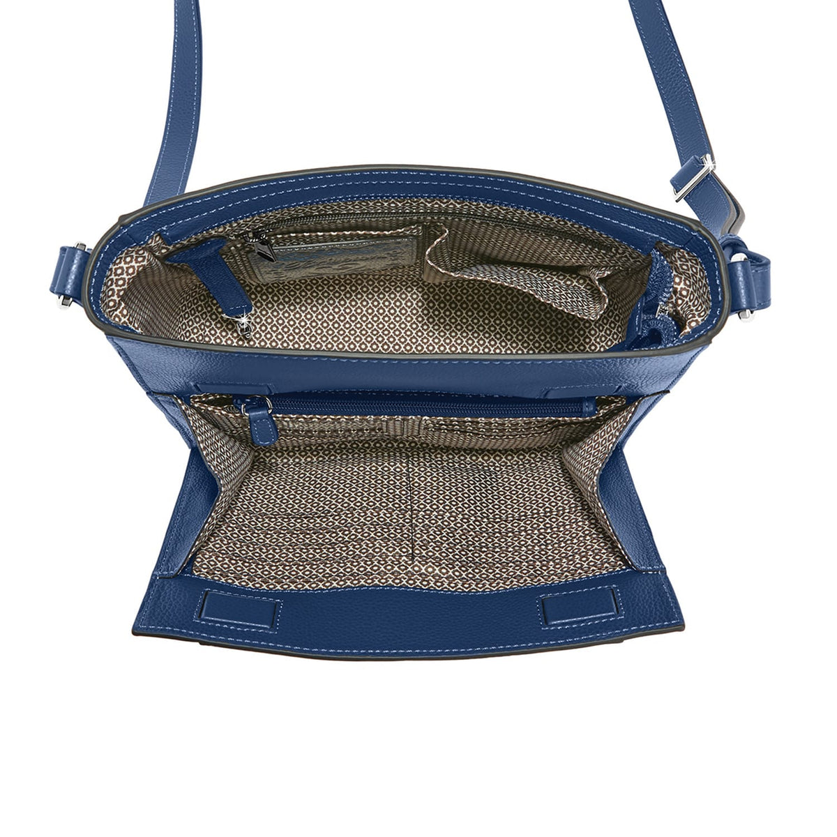 Brighton blue leather handbag shown open with patterned fabric interior, zip pocket, and adjustable strap on a white background