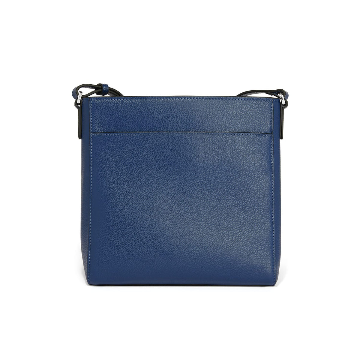 Brighton crossbody handbag shown from the back in blue pebbled leather with adjustable strap on a white background