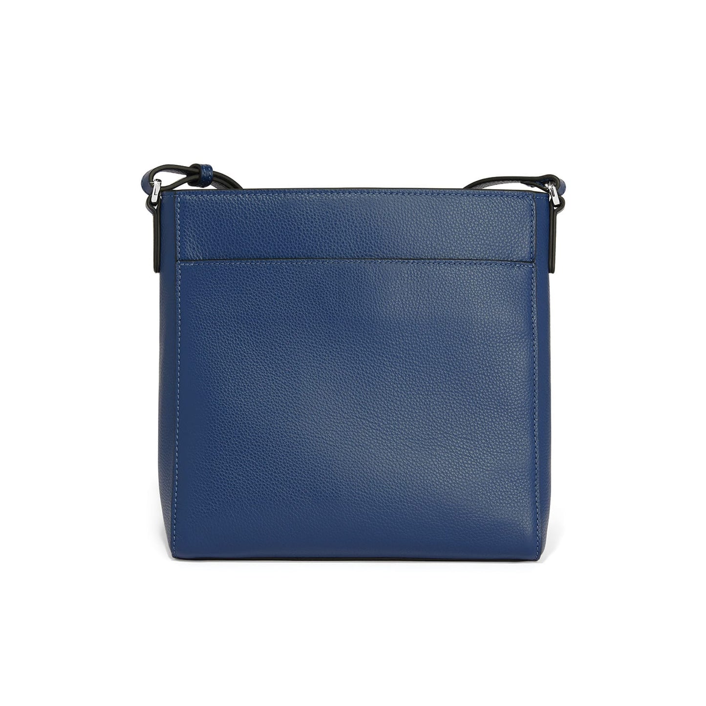 Brighton crossbody handbag shown from the back in blue pebbled leather with adjustable strap on a white background