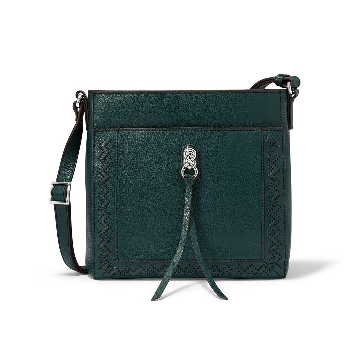 Brighton crossbody handbag in dark green leather with silver-tone knot accent, leather tassel, and adjustable strap on a white background