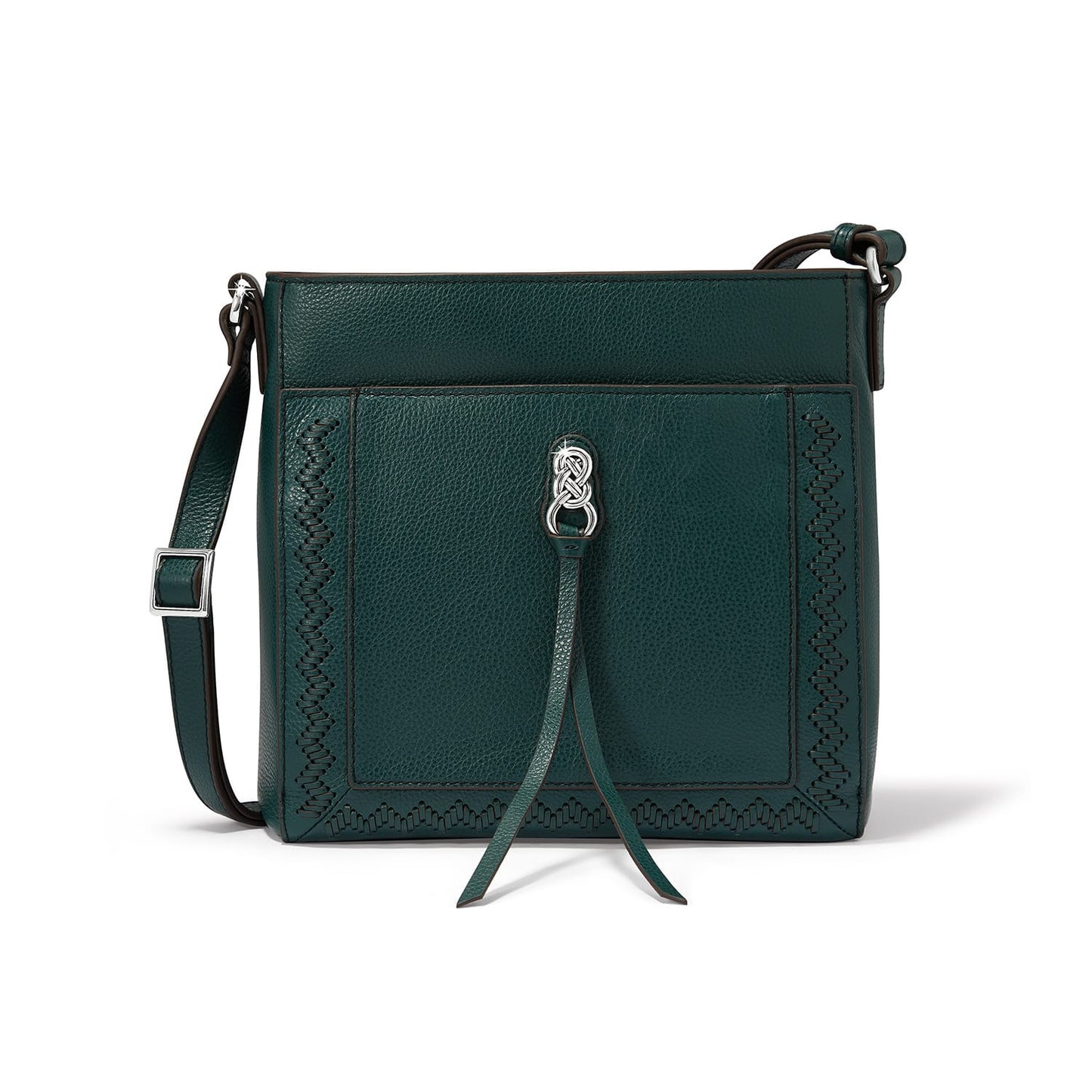 Brighton crossbody handbag in dark green leather with silver-tone knot accent, leather tassel, and adjustable strap on a white background