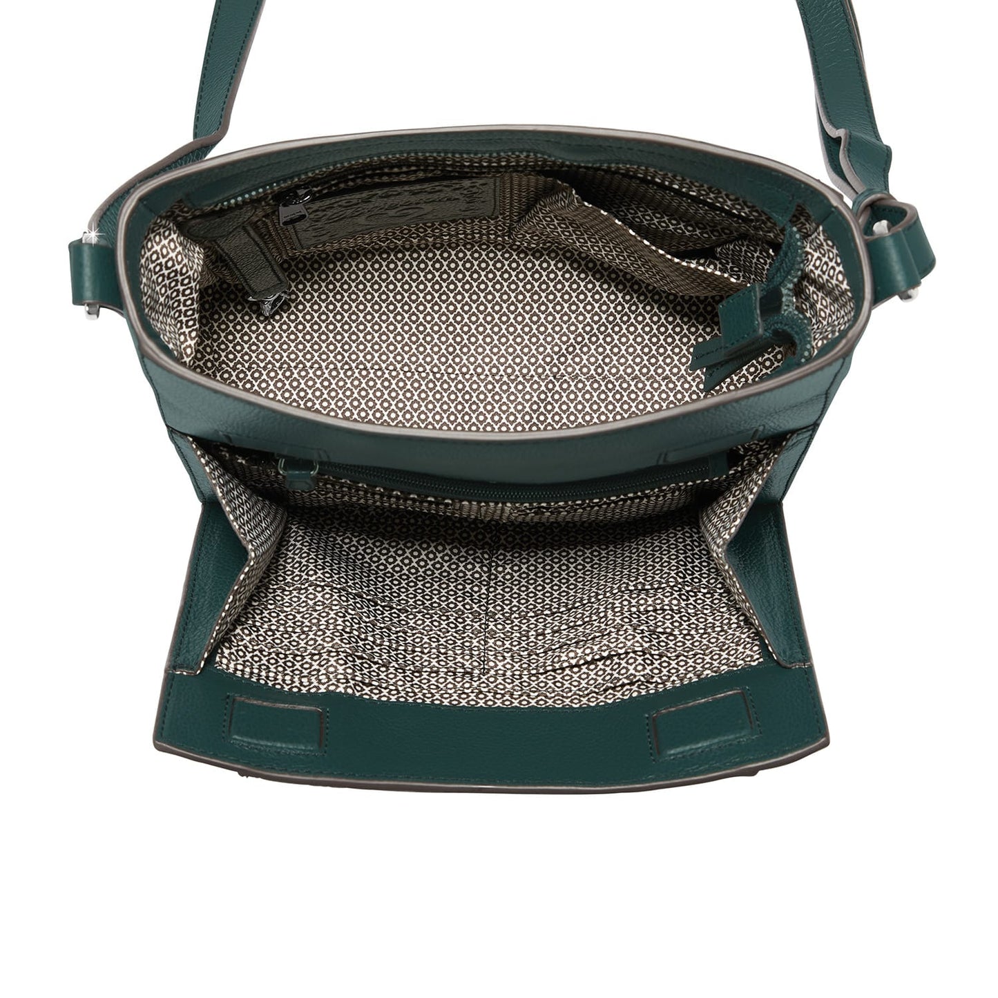 Close-up of Brighton green leather handbag interior view with patterned fabric lining and zippered pocket