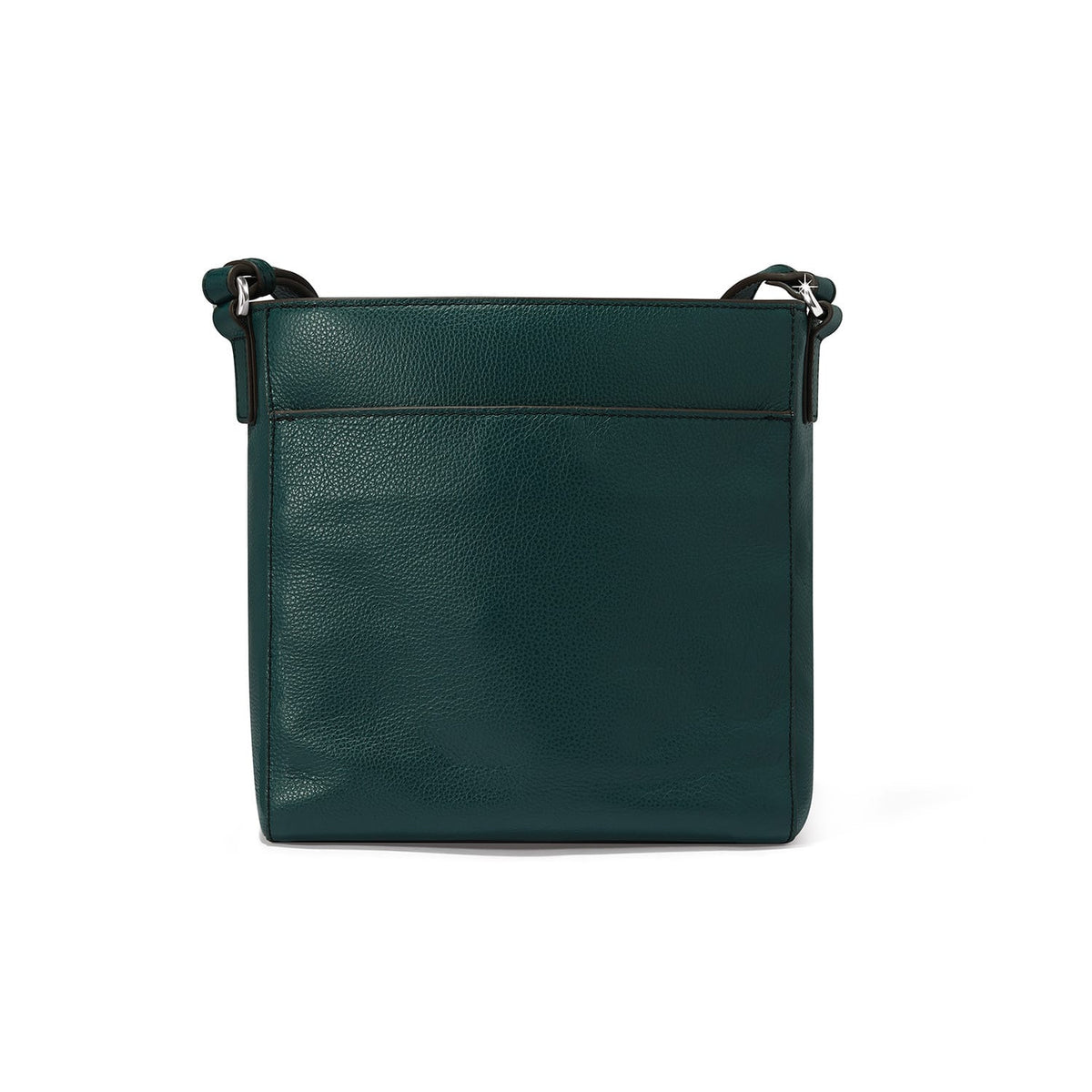 Brighton crossbody handbag shown from the back in dark green pebbled leather with adjustable strap on a white background