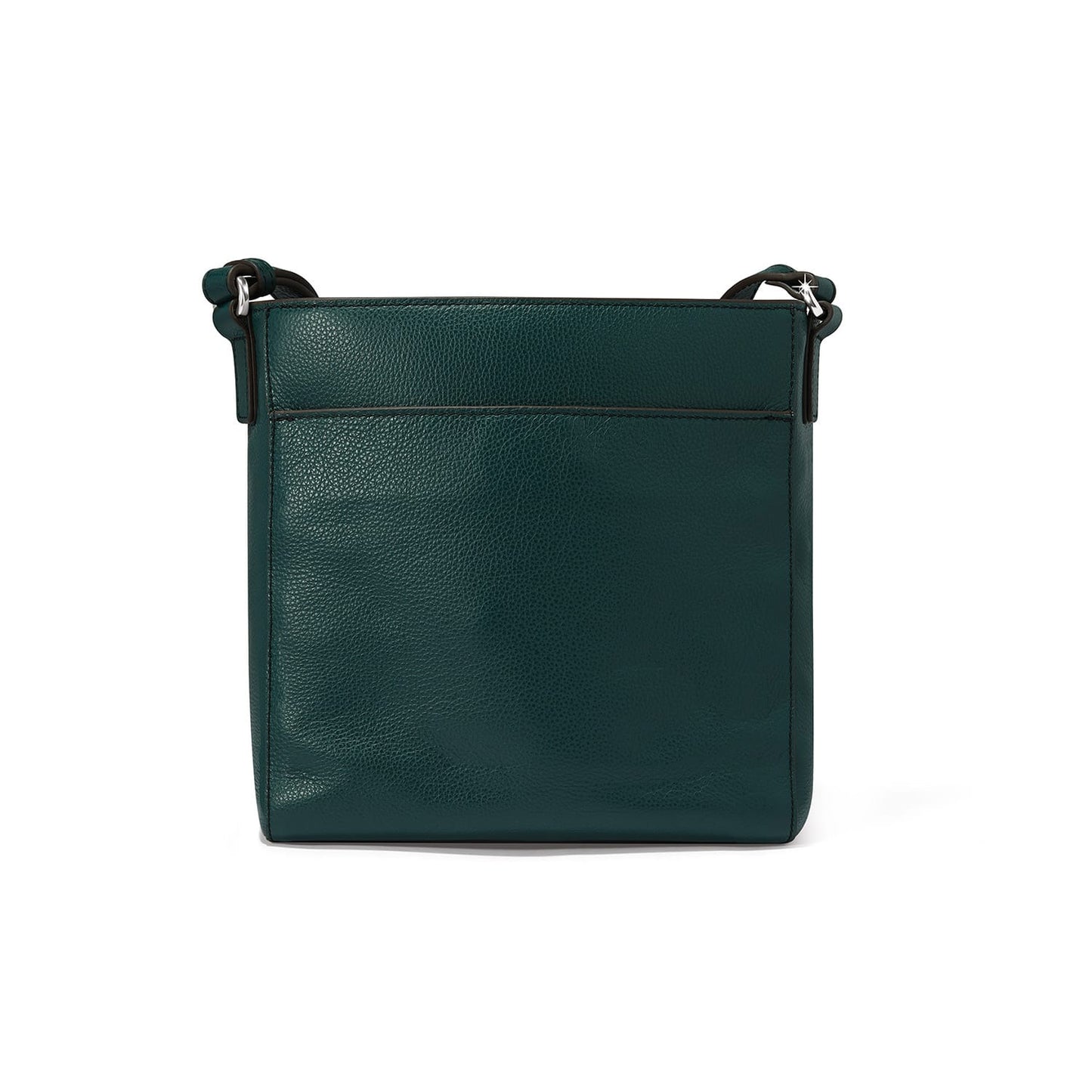 Brighton crossbody handbag shown from the back in dark green pebbled leather with adjustable strap on a white background