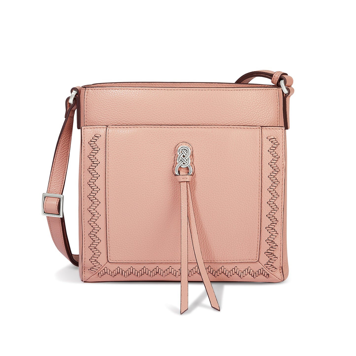 Brighton crossbody handbag in pink leather with whipstitch trim, knot accent, tassel pull, and adjustable strap on a white background