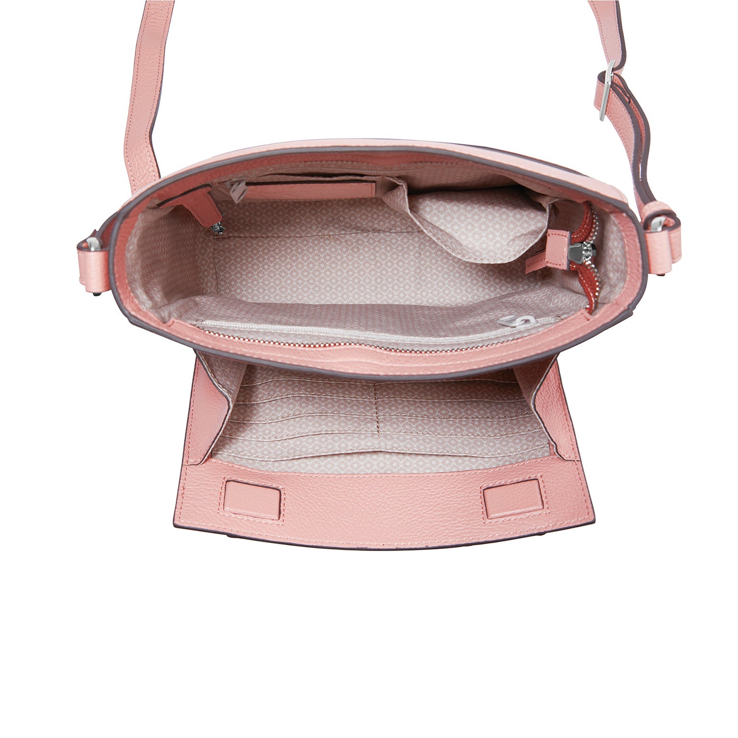 Brighton pink leather handbag shown open with patterned fabric interior lining and adjustable shoulder strap on a white background