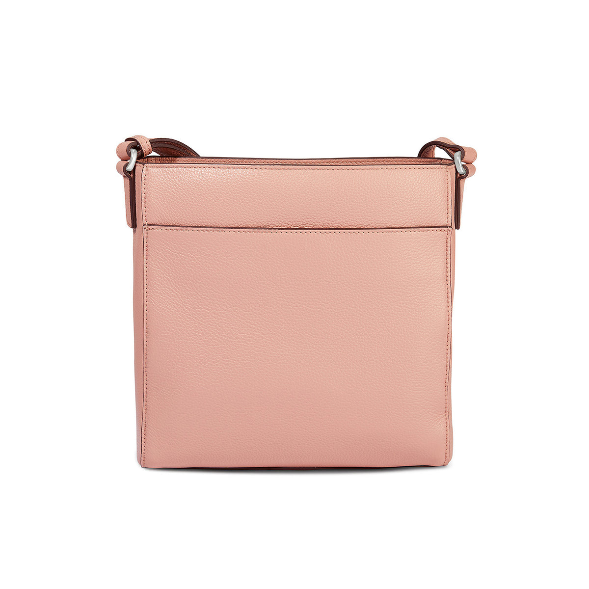 Brighton crossbody handbag shown from the back in pink leather with slim adjustable strap on a white background