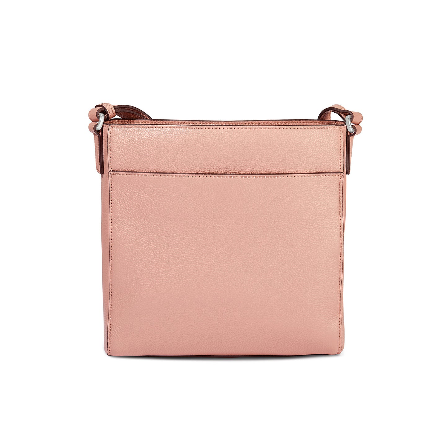 Brighton crossbody handbag shown from the back in pink leather with slim adjustable strap on a white background