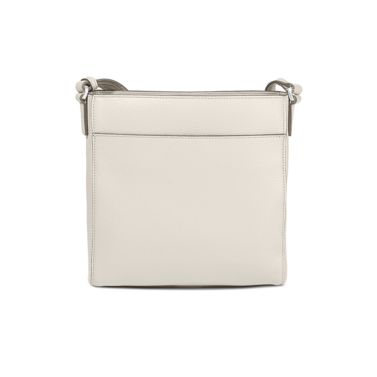 Brighton crossbody handbag shown from the back in cream pebbled leather with adjustable shoulder strap on a white background