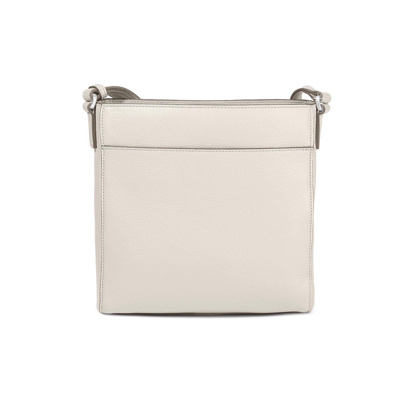 Brighton crossbody handbag shown from the back in cream pebbled leather with adjustable shoulder strap on a white background