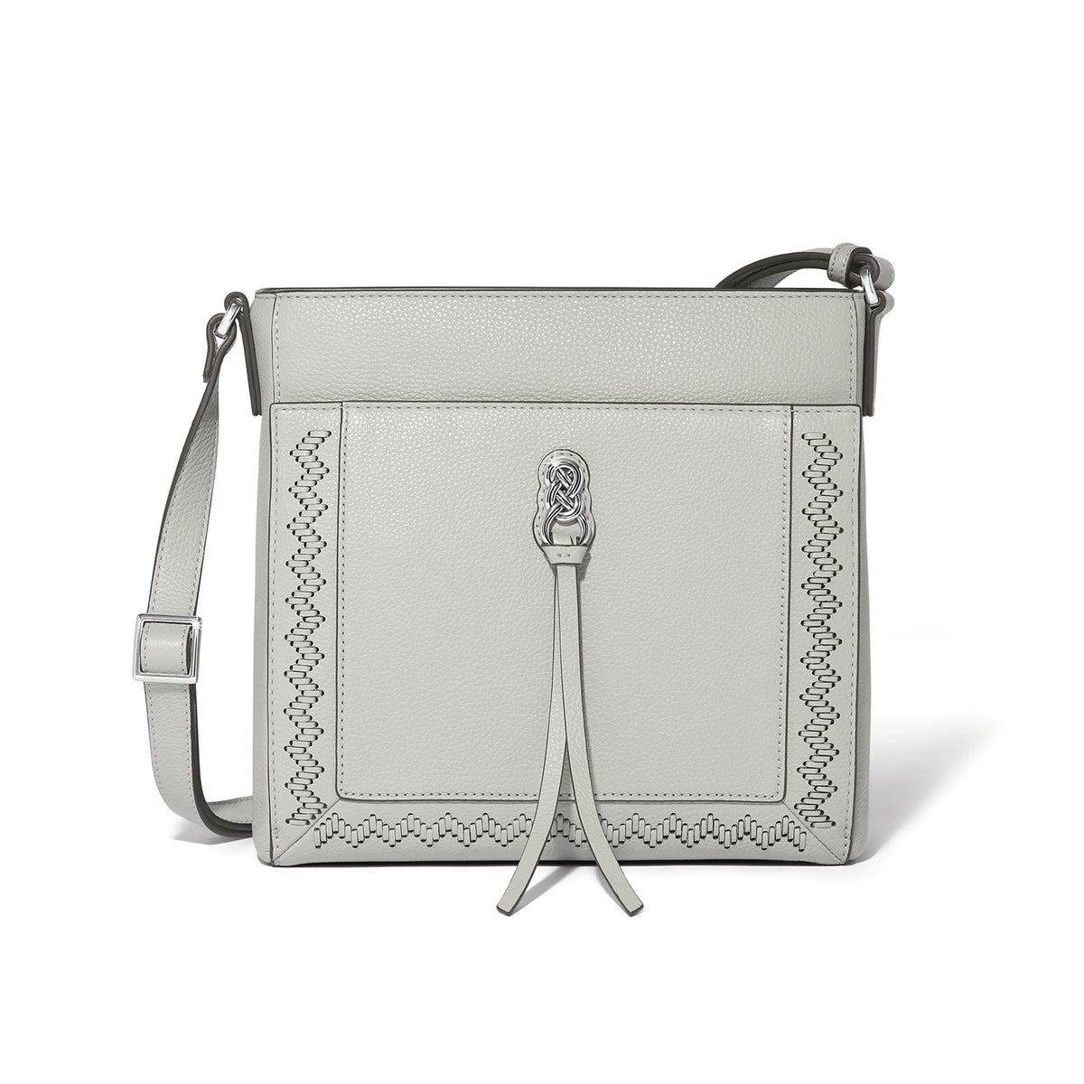 Brighton crossbody handbag in light gray with woven stitch detail, knotted silver-tone accent, and adjustable strap on a white background
