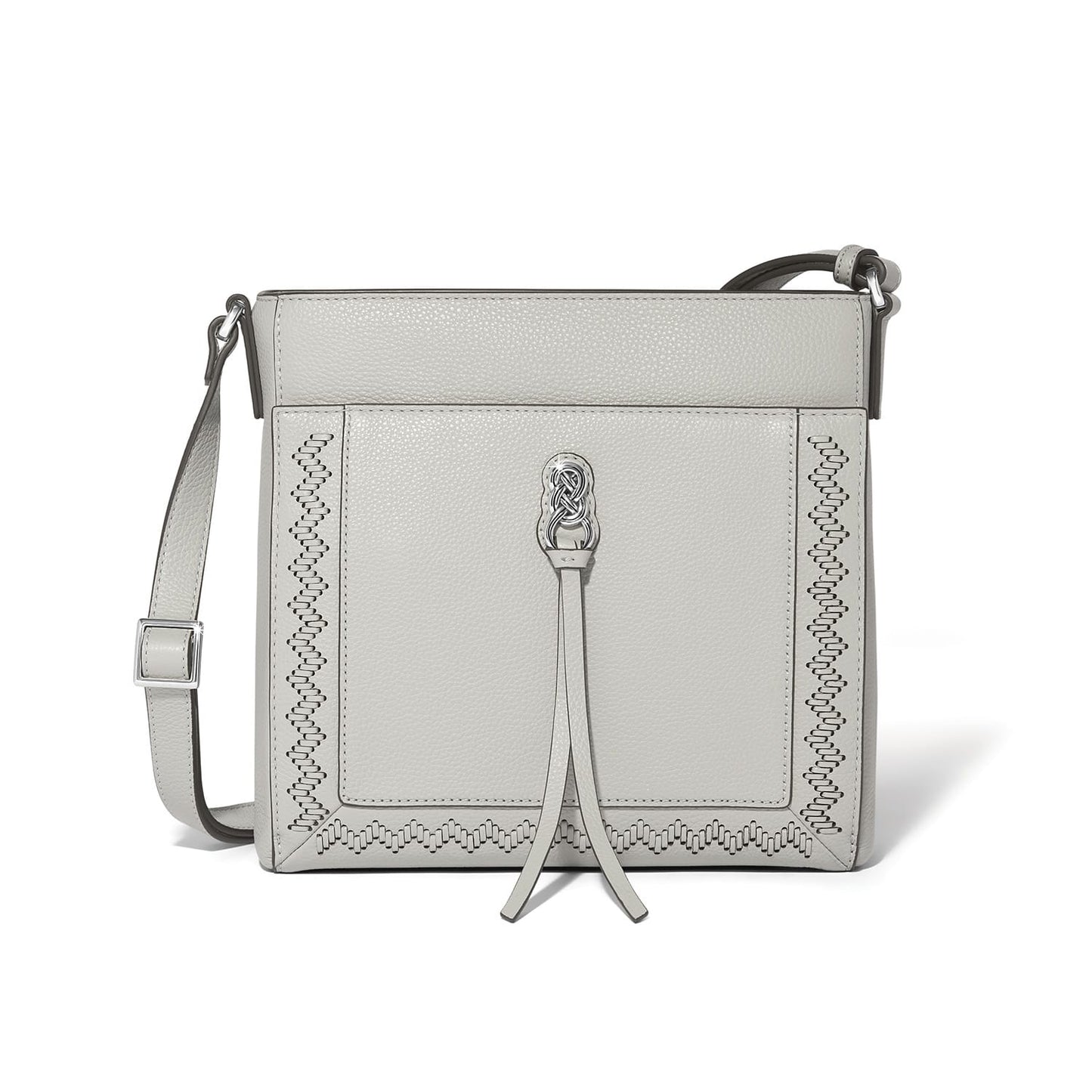 Brighton crossbody handbag in light gray with woven stitch detail, knotted silver-tone accent, and adjustable strap on a white background