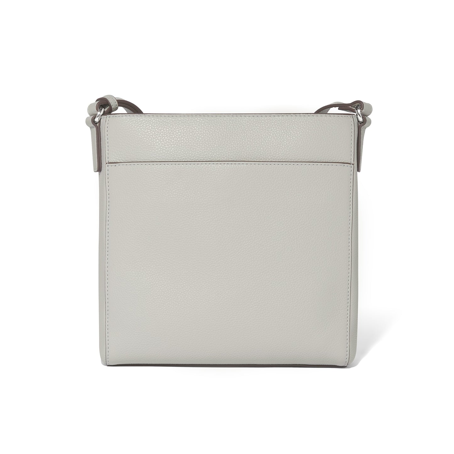 Brighton crossbody handbag shown from the back in light grey pebbled leather with slim shoulder strap on a white background