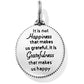 Brighton round silver-tone charm engraved with happiness and gratefulness quote, featuring beaded edge on a white background