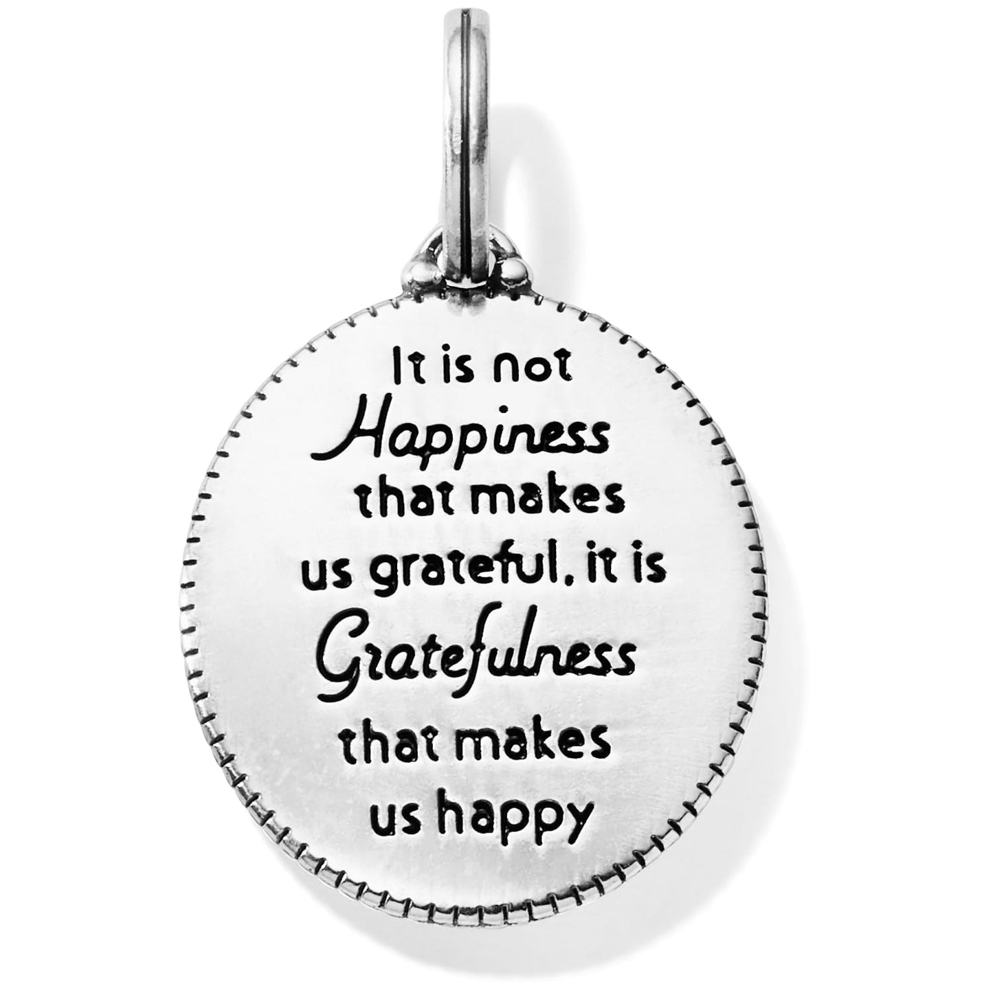 Brighton round silver-tone charm engraved with happiness and gratefulness quote, featuring beaded edge on a white background