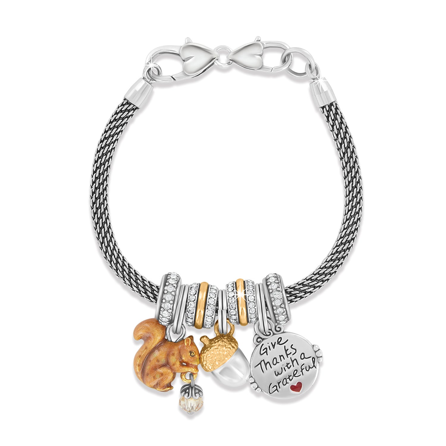 Brighton silver-plated charm bracelet with enamel squirrel, acorn, and Give Thanks medallion charms on a white background
