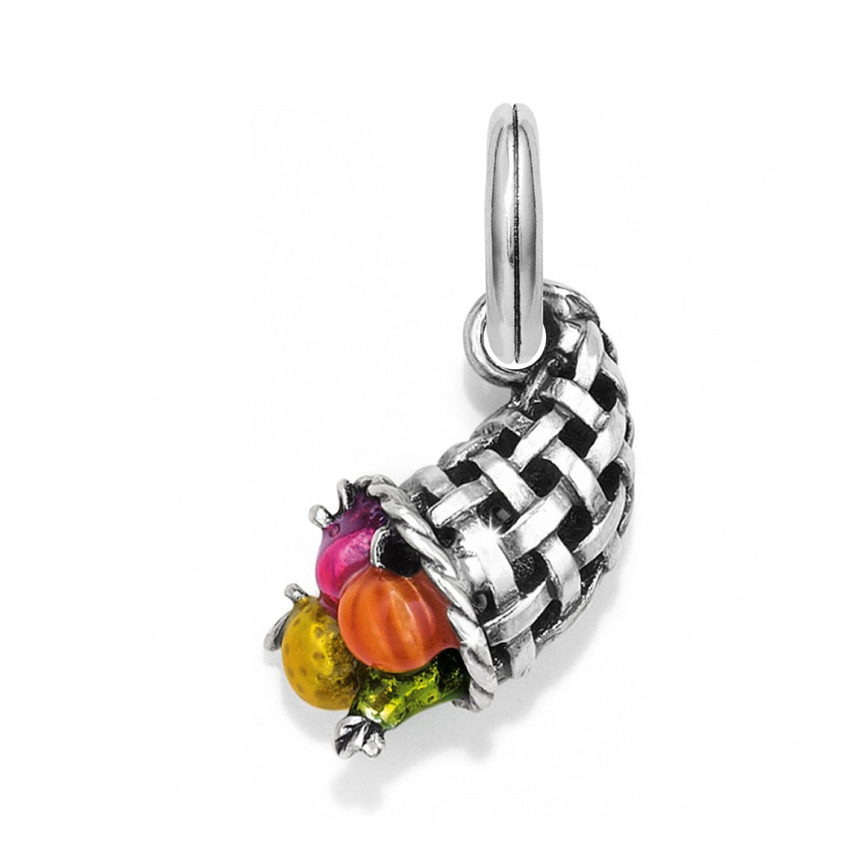 Brighton cornucopia charm with silver-plated woven basket design and colorful enamel fruit accents on a white background