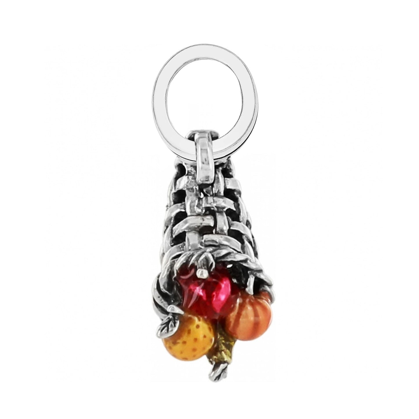 Brighton cornucopia charm with silver-plated woven basket and colorful pumpkin and gourd accents on a white background